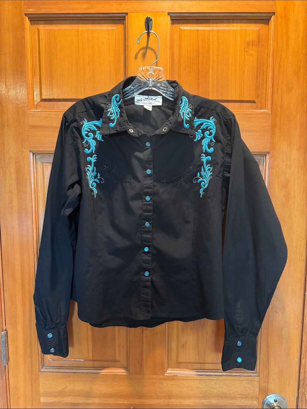 Back In The Saddle Western Embroidered Teal on Black Shirt - Women’s Large